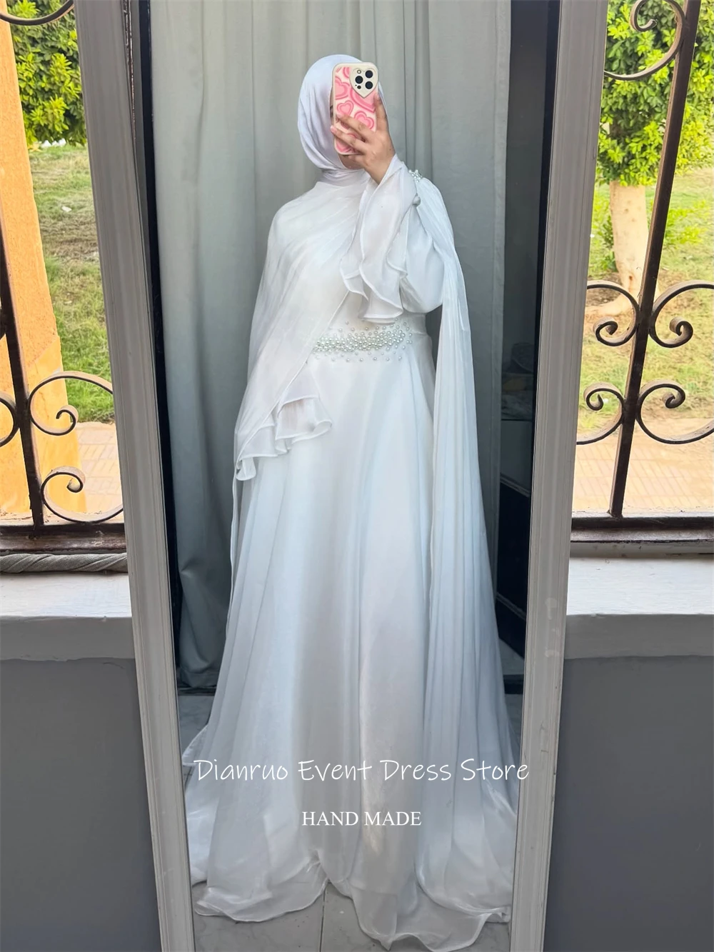 디안루오 정교한 진주 벨 슬리브 웨딩 드레스 로맨틱 하이넥 베스티도스 데 노비아 무슬림 아랍 신부 드레스 맞춤 제작