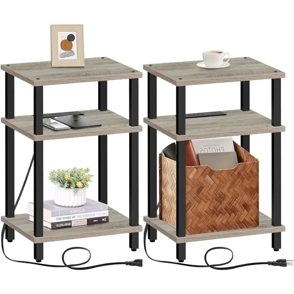 

LISM Set of 2 End Table with Charging Station, Side Table with USB Ports, Nightstand, 3-Tier Storage Shelf, Sofa Table