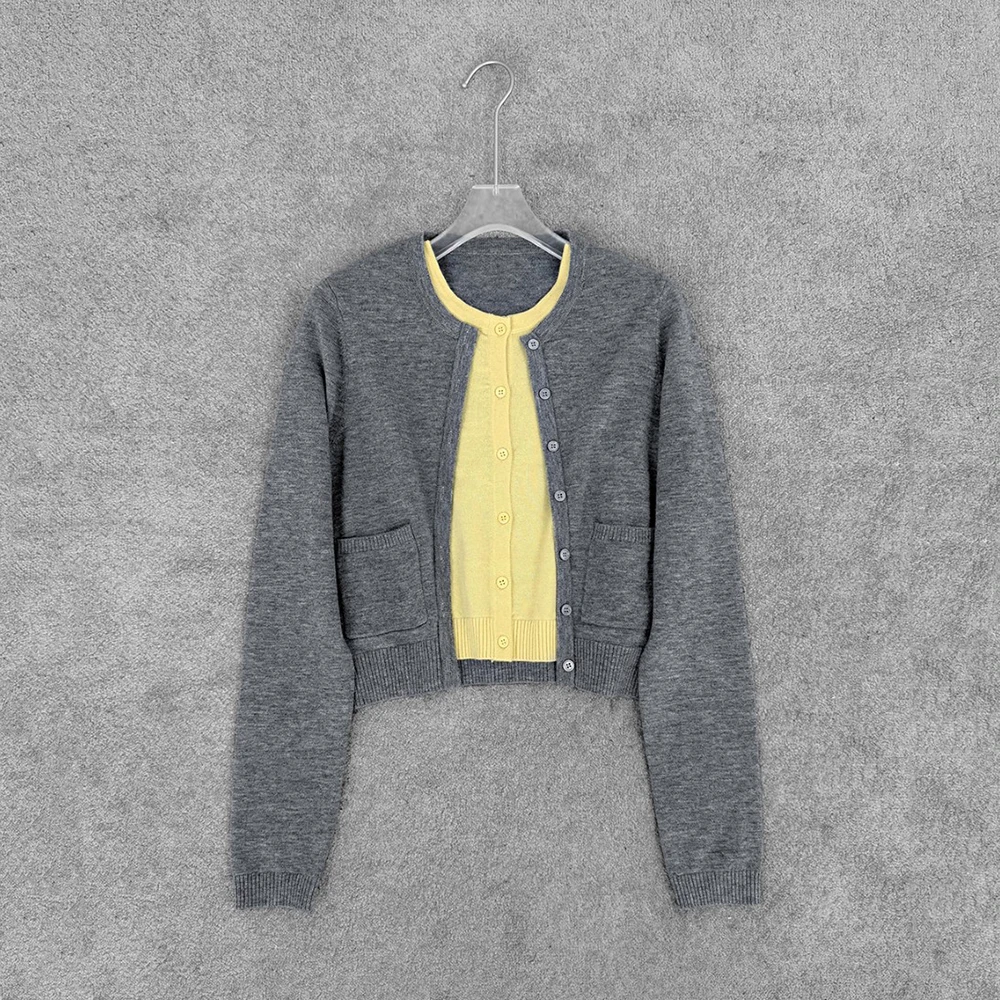 

Женский кардиган из 100% шерсти Y2K, состоящий из двух частей, элегантный вязаный топ с длинными рукавами и цветными блоками, свитер, новинка осени 2022, новинка