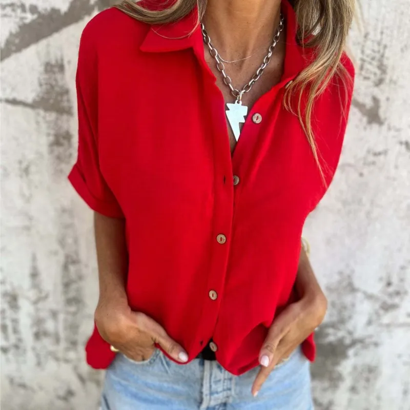 

Повседневная женская рубашка для пригородных поездок, весна-лето 2024, новая модная однобортная свободная рубашка с короткими рукавами и лацканами, топ