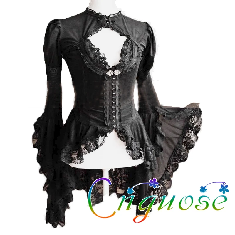 2023  Steampunk Punk  Gothic Black Slim Top Elegant Court Lace Horn Long sleeved Palace flared sleeve  shirt  Women's clothing