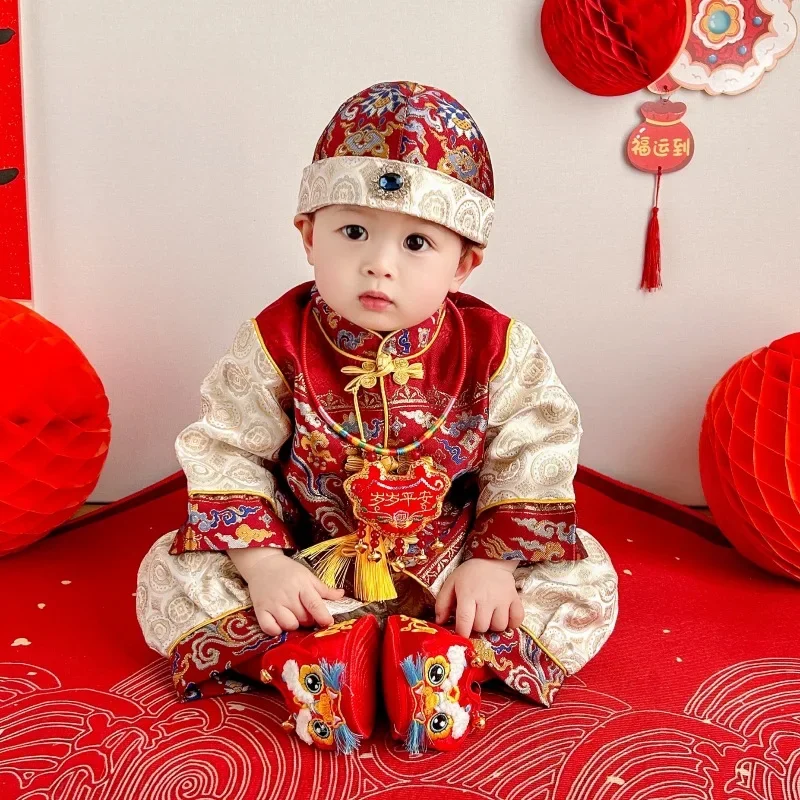 2024NEW Red Chinese Hanfu For Baby Boy Embroidery Tang Suit Birthday Clothing Dragon Long Sleeve Full Moon Gift New Year