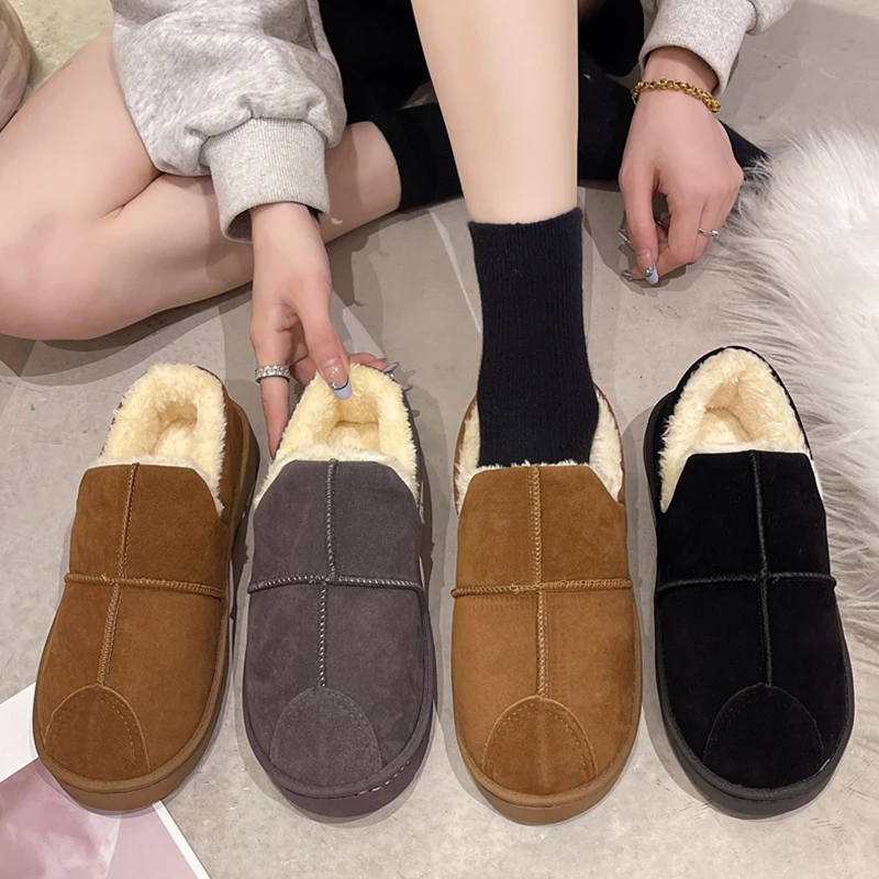 Round Toe Women\'s Shoes Platform Slip-on Loafers Fur Casual Female Sneakers Elegant Shallow Mouth Flats Soft Clogs Slip On Winte