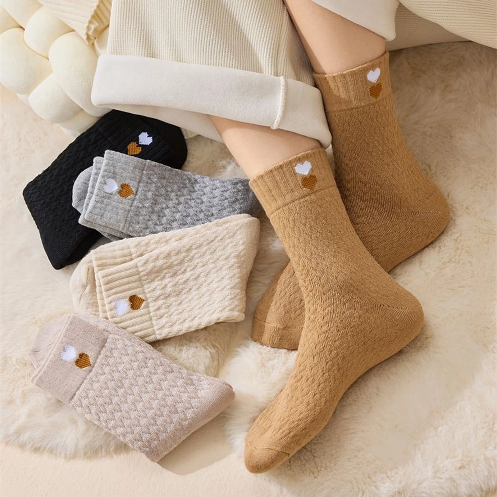 Women Warm Fleece Lined Socks Winter Heart Embroidered Mid Tube Stockings Textured Thermal Hosiery Multi Color Cold Resistant