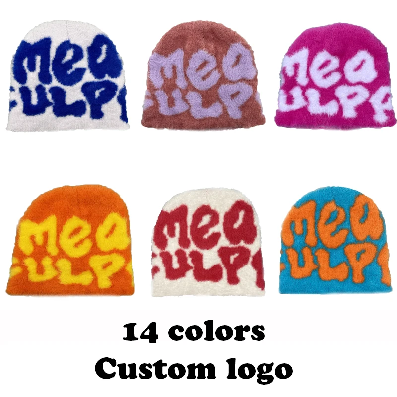 High Quality Mea Culpas fuzzy Mohair Beanies Fur Knitted Hat Custom Logo Bonnet Y2k Mohair Soft Winter for Women Hat