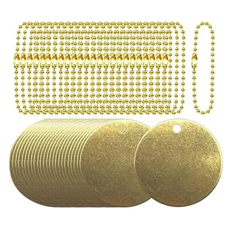 

25Pcs 1.5inch Brass Valve Tags Stamping Blank with Hole and 25Pcs 2.4mm Metal Ball Chains for Pipe Valves, Equipment