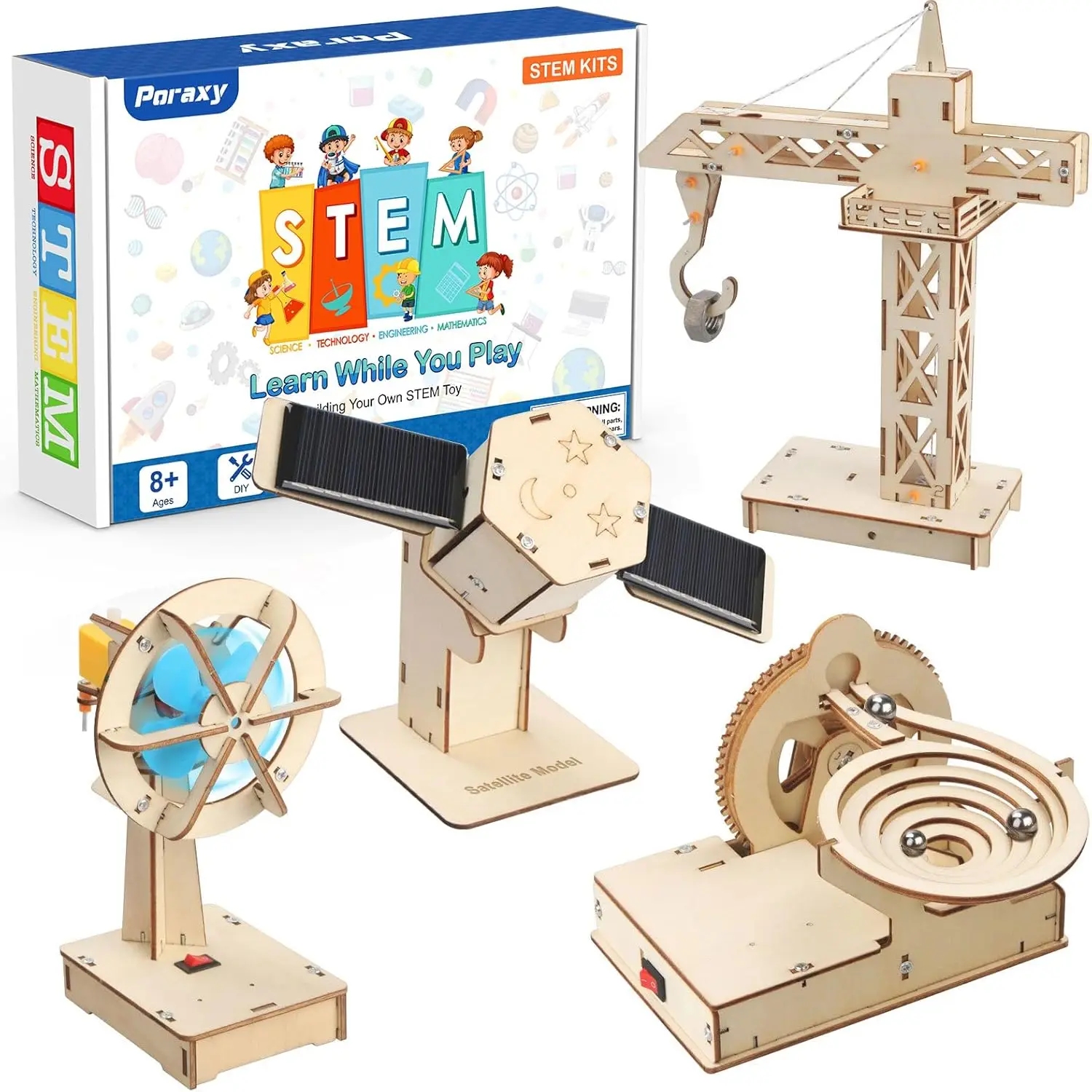 

4-in-1 STEM Building Kits for Kids Ages 8-12, Educational Wooden Puzzles & Marble Run Science Craft Toy Gift