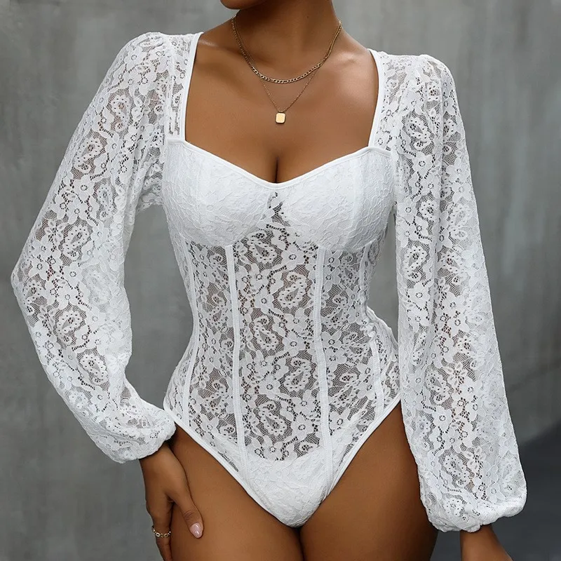 Lace Splicing Long-sleeved White Onesie Polyester Women Jumpsuit Roupas Femininas Sexy Ropa De Mujer Rompers For Women