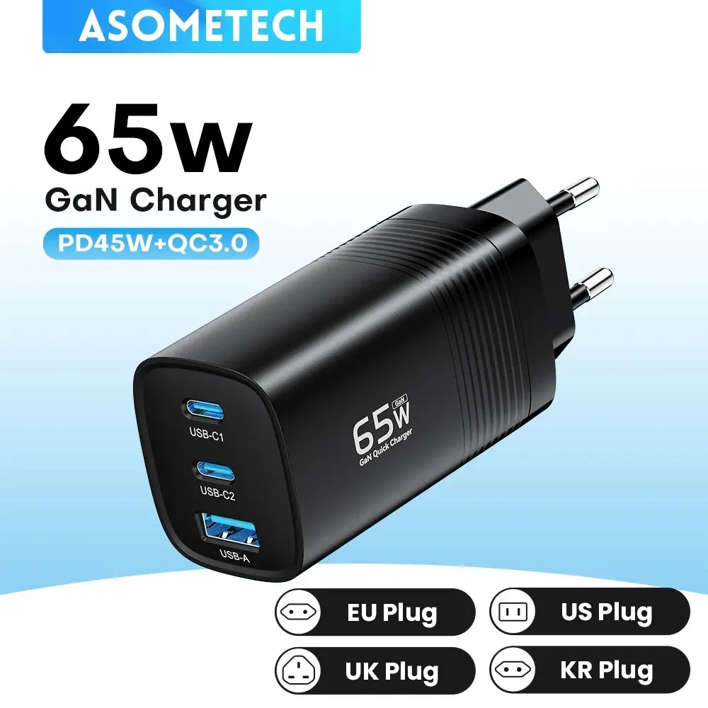 ASOMETECH Ładowarka USB typu C 65W 45W PPS PD QC4.0 Szybka ładowarka do laptopa Macbook IPAD Tablet iPhone 14 Samsung S23 Ultra
