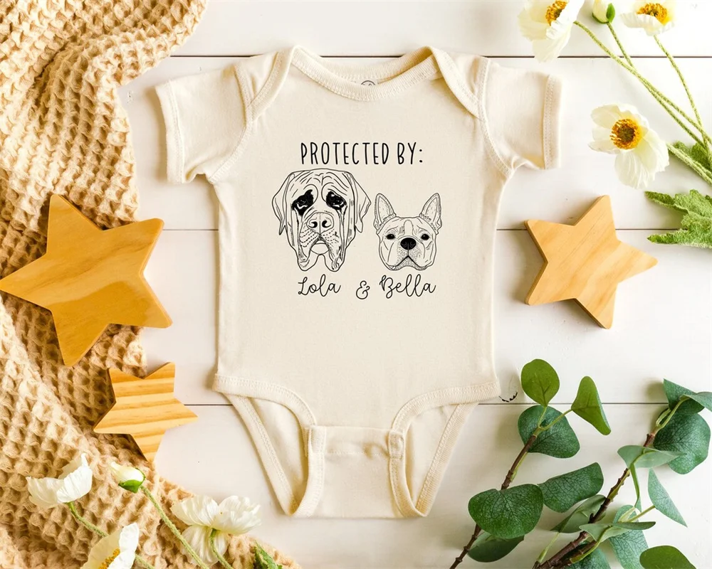 Protected by my dog Custom Dog Bodysuit, Announcement Baby Shower Gift, Fur baby, New best friend, Dog Name Baby Outfit