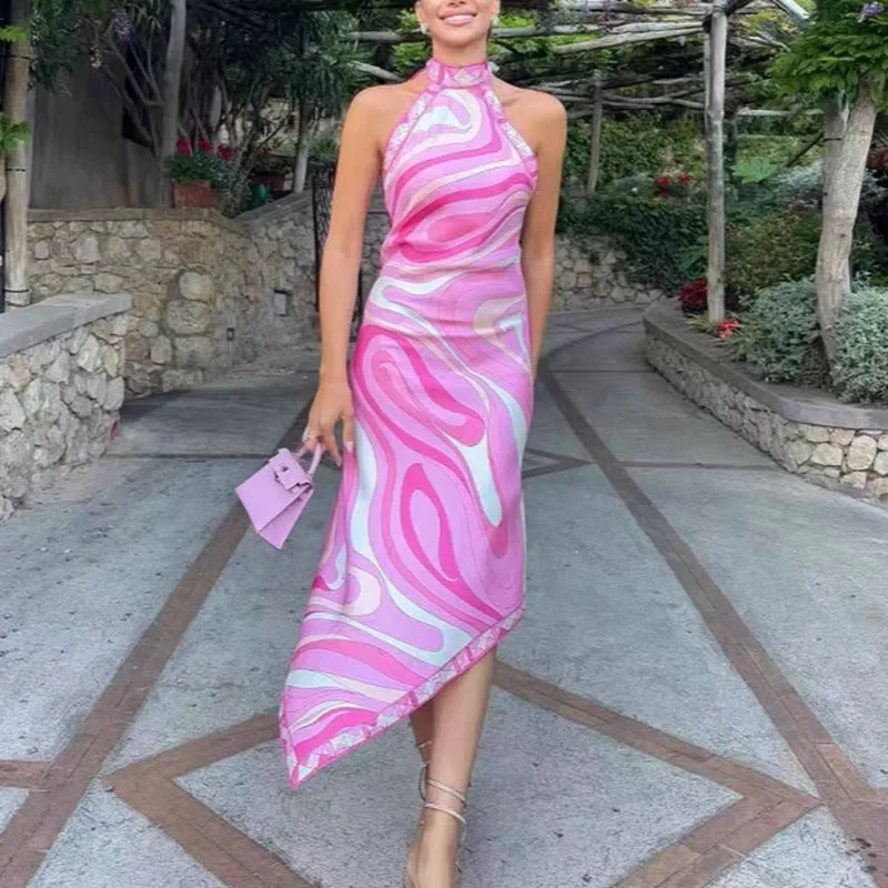 Abiti da vacanza 2025 Primavera Hollow Backless Tie-up Halter Abito irregolare Nuovo modello estivo Stampa Slim Boho Abito lungo Vestido