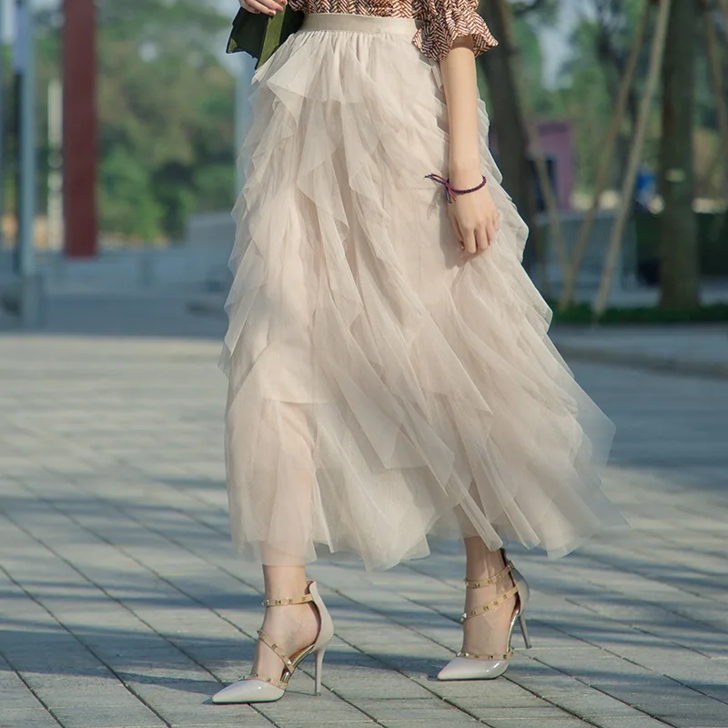 Tutu Tulle Long Maxi Skirt Women Fashion Korean Cute Pink High Waist Pleated Skirt Mesh Female Lady Aesthetic Faldas