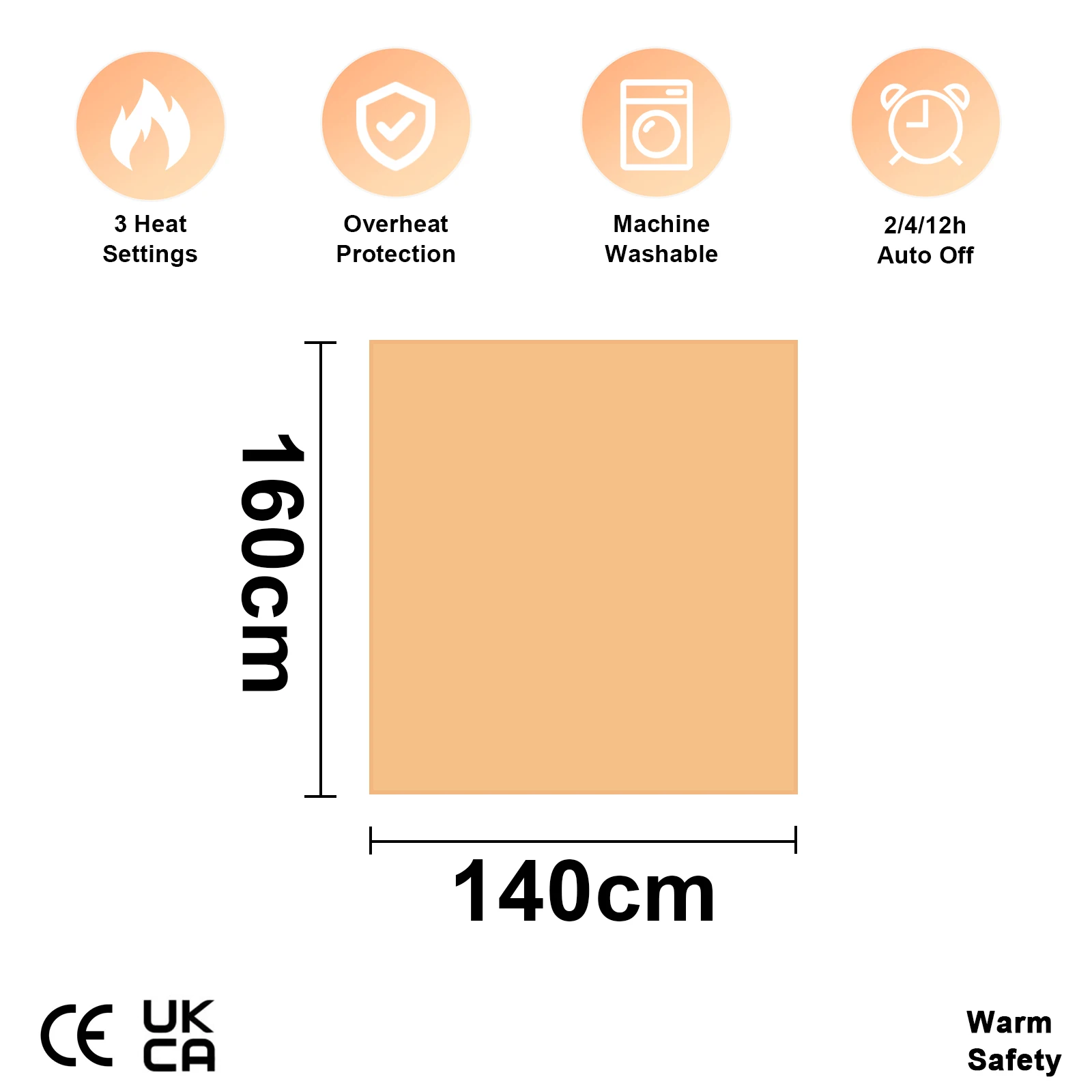 TOPS Electric Blanket Heated Underblanket 150 x 80cm & 160 x 140cm, 3 Heat Settings with Timer Overheat Protection Washable