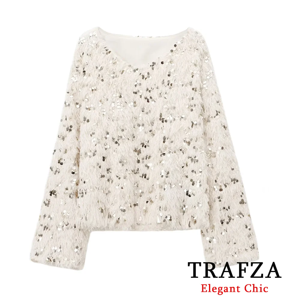 TRAFZA-Pull de Luxe à Paillettes et Plumes pour Femme, Col en V, Nouvelle Collection Automne-Hiver 2024