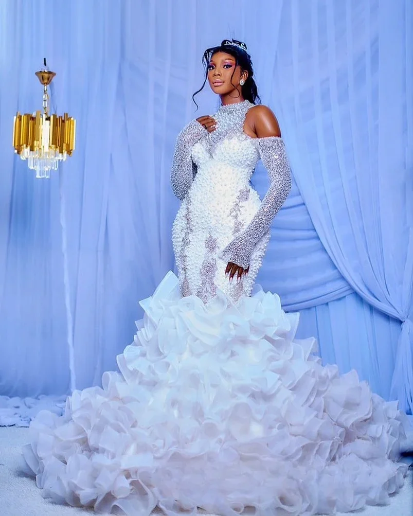 

Customized Sparkly Heavy Pearls Rhinestones Luxury Wedding Dress Robe De Mariée Long Sleeves Cascading Ruffles Bridal Gown