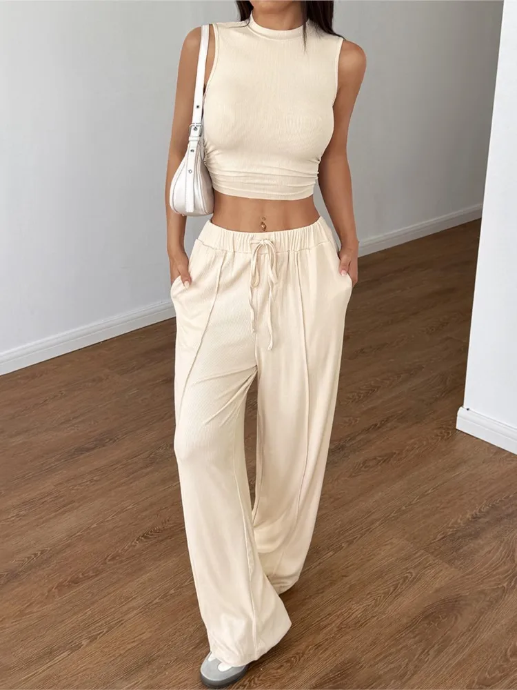 

Casual And Simple Sleeveless Vest Straight Trousers Two-piece Set Women's Summer Fashion Solid Color Drawstring Trousers Set