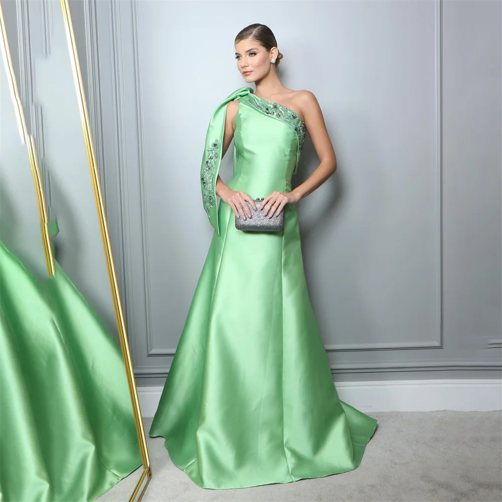 

Lily One Shoulder Chic Woman Evening Dress Gown Beading Mint Green Ball Gown Satin Long A Line Night Dress Gown robes de soirée