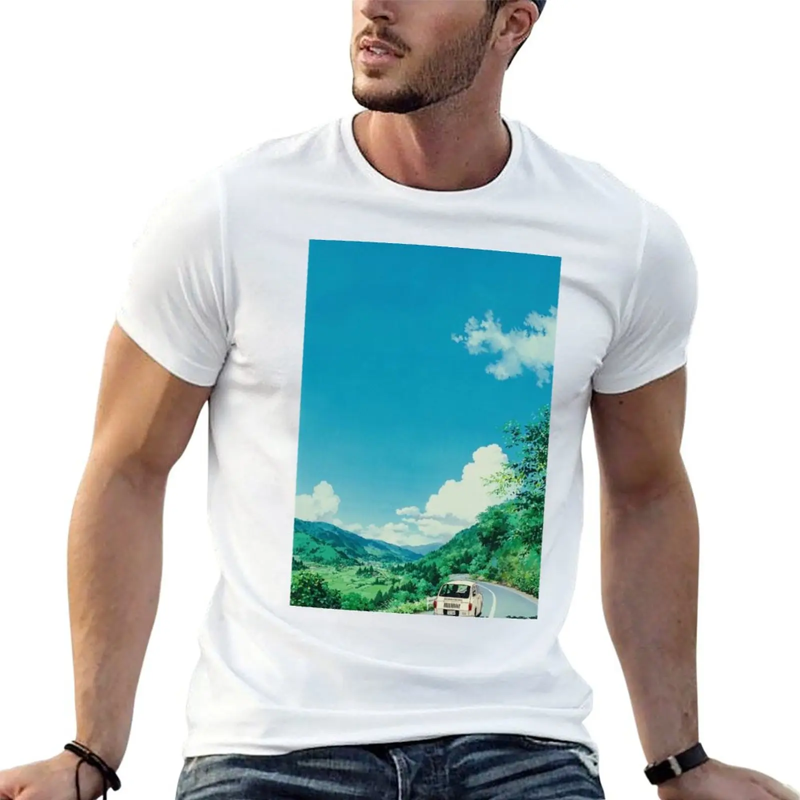 Vintage Anime Road Scenery T-Shirt Casual Work Wear T-Shirt