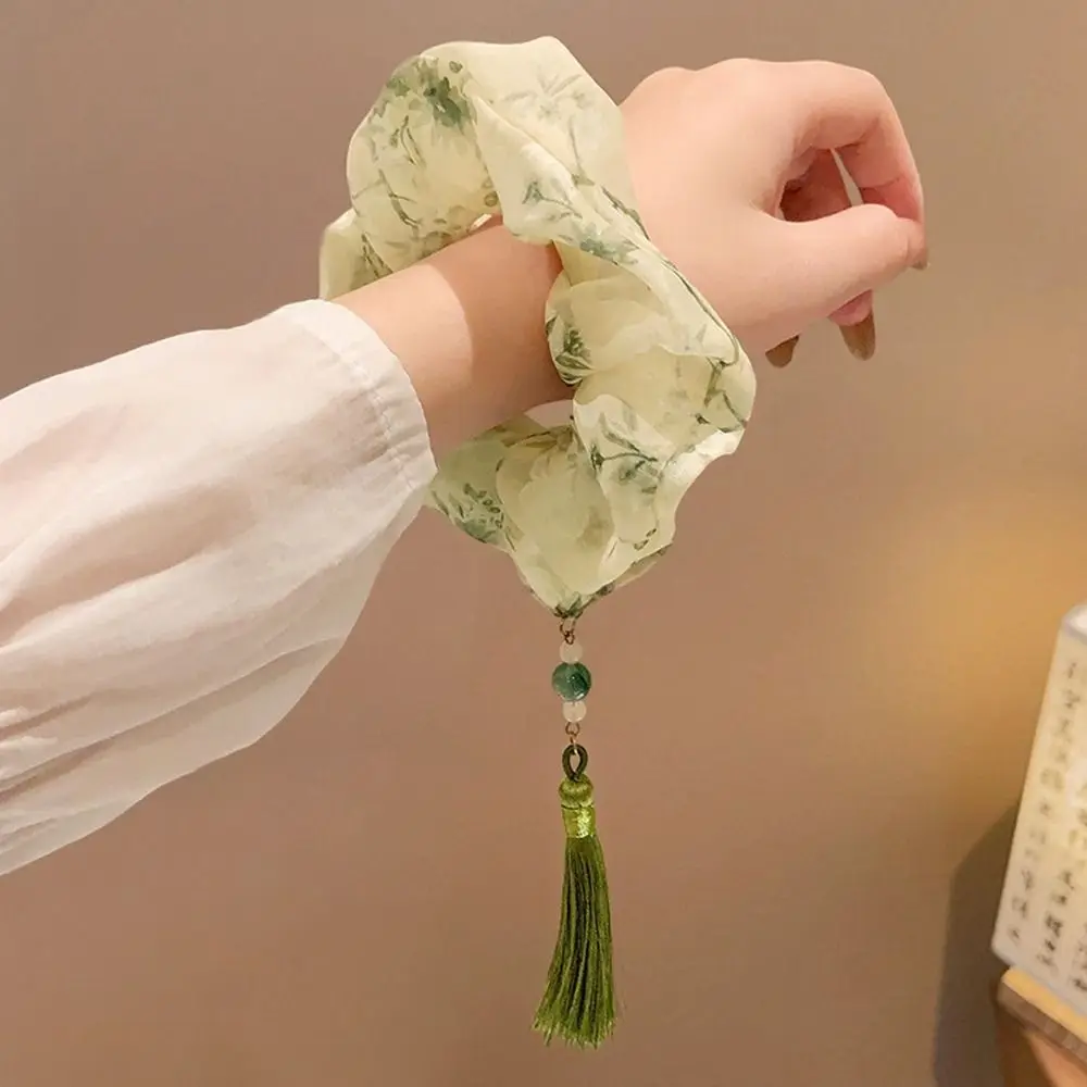 

New Chinese Style Printed Hair Tie Cloth Retro Ponytail Holder Floral Print Scrunchies Tassels Hair Rope