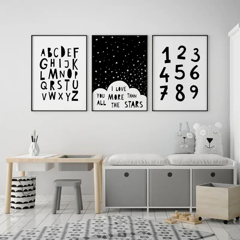 Multiple sizes 1pc frameless Canvas Painting Black and White Alphabet ABC Number 123 Poster Canvas Painting Nursery Wall Art Kid
