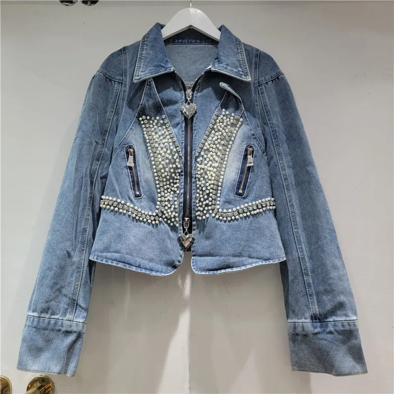 

2026 Spring New Heavy Beaded Zipper Long Sleeve Denim Jacket for Women, Loose Short Casual Versatile Jacket Top Trendy