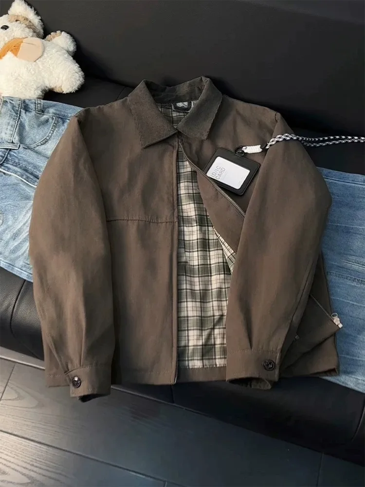 Retro Plaid Lined Collar Detroit Jacket Men's Autumn American Style Workwear Coat Washed Regular Sleeve Length Long Sleeve