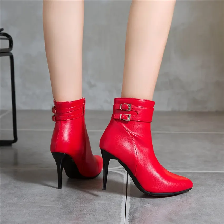 Big Size Winter Women Ankle Boots Red Yellow Black High Thin Heels Party Office Lady Pointed Toe Buckle Zipper Punk Short Boots