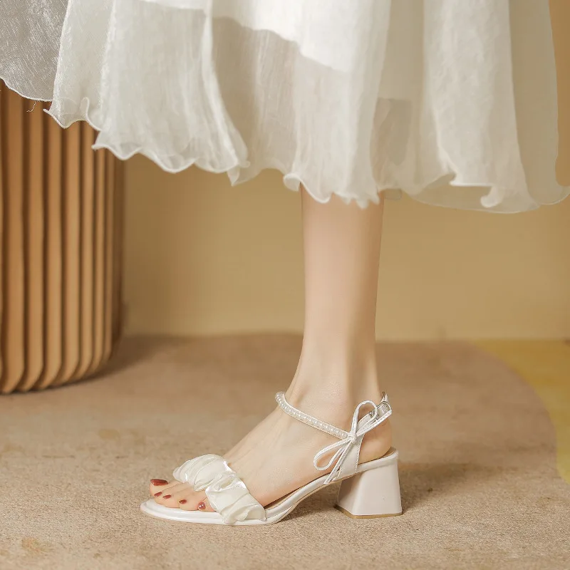 2023 New Summer Fashion Chunky Heel Sandals Female Fairy Wind Bow Pleated Pearl High Heel Sandals Women Shoe