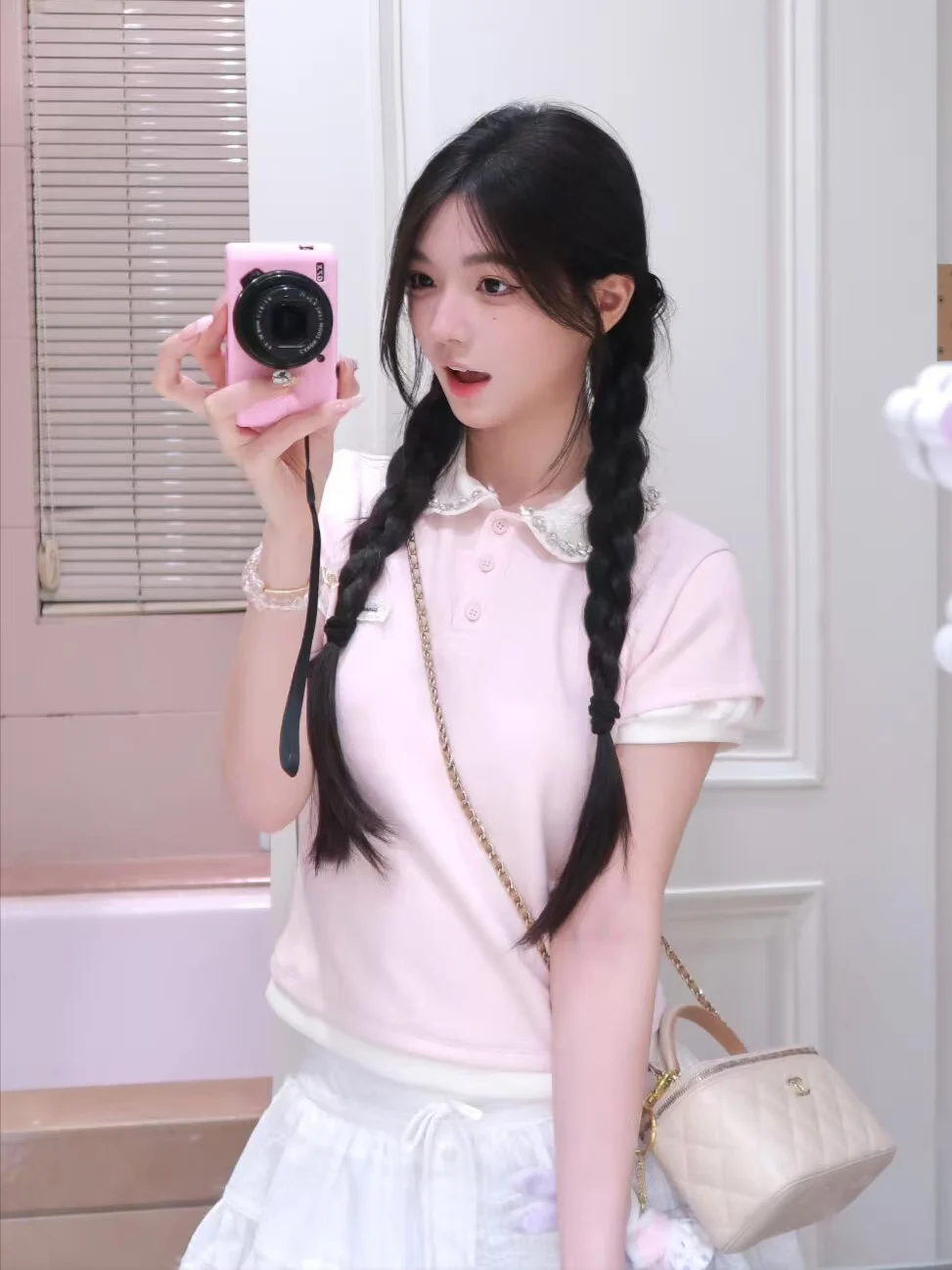 

Pink Polka Dot ort Sve T-irt Women's Summer Faion Design Rhinestone Collar Fake Two-Piece Cotton Korean Sle Slim Fit