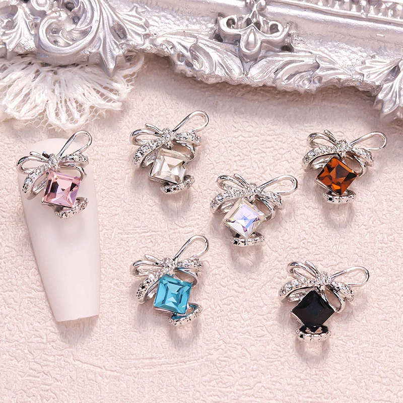 10PCS 3D Luxury Alloy Bow Nail Art Rhinestone Charms Parts Square Crystal Diamond Accessories For Nails Decoration Supplies Tool