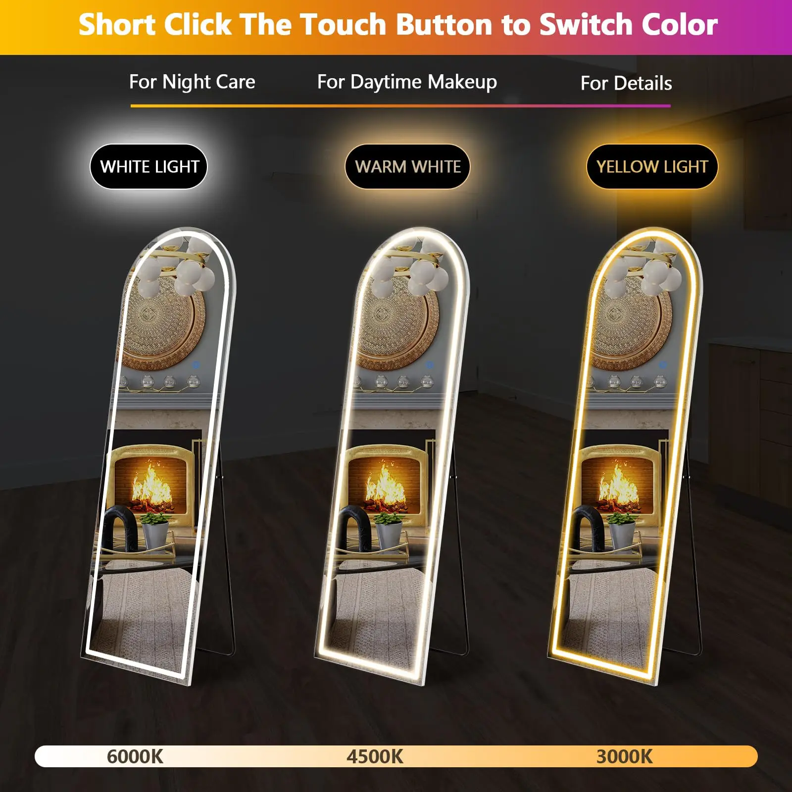 JHK 63"x20" Led Full Length Mirror 3 Color Lighting Dimming Aluminum Alloy Frame Standing Hanging Floor Mirrors For Living Room image 3