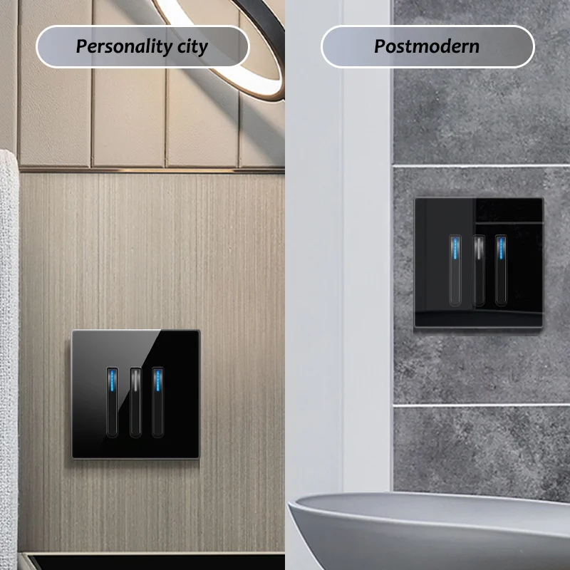 Avoir Wall Light Switch With LED Indicator Black Piano Key Push Button Reset Switch 16A Glass Panel Power Socket TV RJ45 Outlets