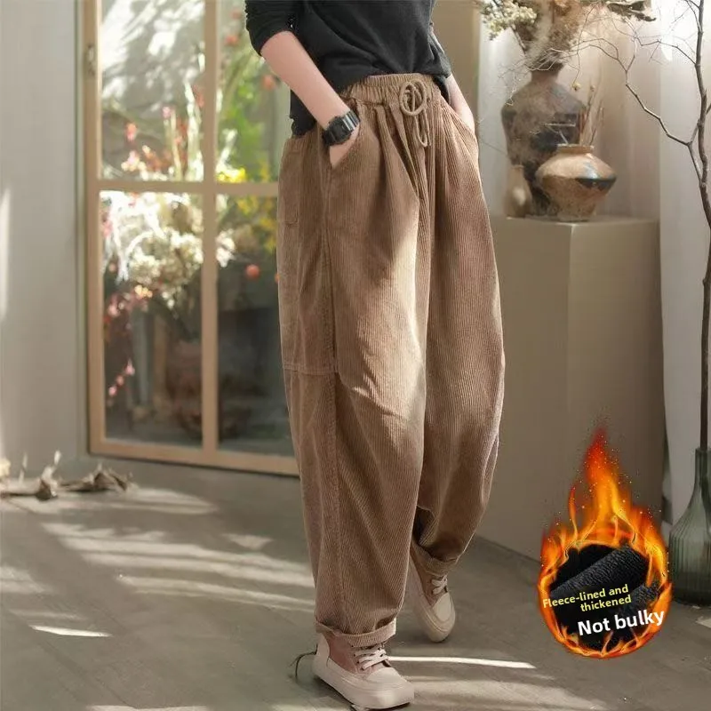 레트로 컬러 코듀로이 팬츠 여성용 가을 겨울 루즈 스트레이트 레그 하이웨이스트 바지 캐주얼 팬츠 한국 스타일