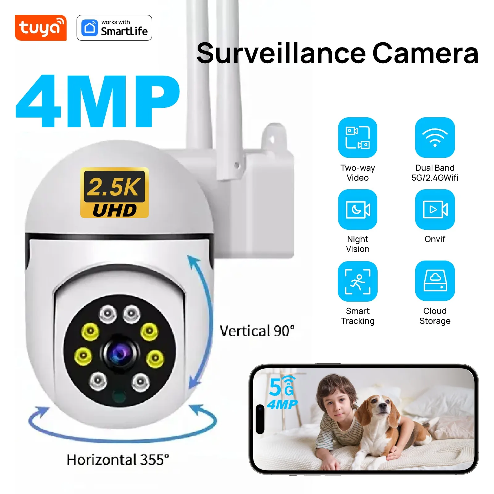 Tuya Smart 2.4G 4MP Indoor Camera,2.5K Security Camera for Baby Monitor,PTZ Wifi Cameras for Home Security,Pet Camera-USB