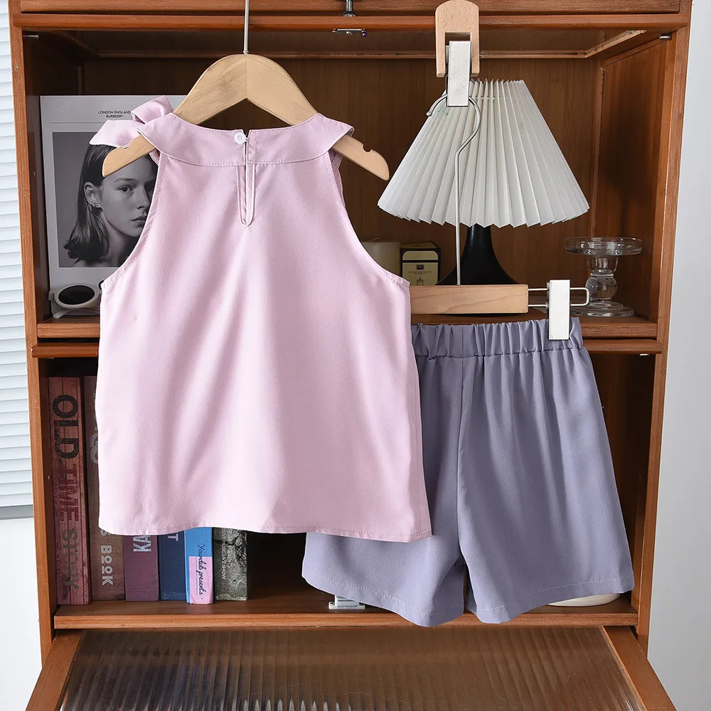 Korean Version Fashionable Casual Clothes for 3-7 Year Old Girls Bow Tie Hanging Neck Vest+shorts Two-piece Set Summer New