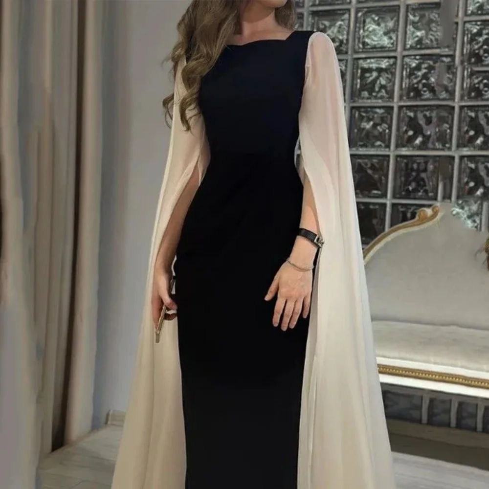 

Formal Business Reception Dress Square Collar Saudi Evening Dresses For Women Chiffon Long Sleeves Straight Satin Party Dress