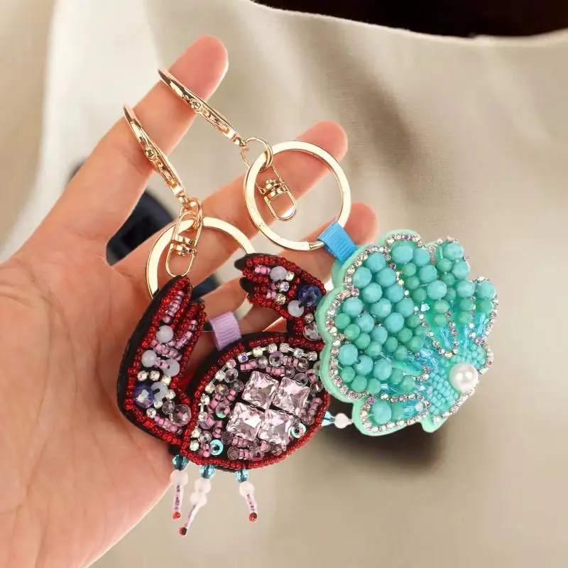 Rhinestone Lobster Beaded Pendant Pretty Hand Sewn Bag Charms Crab Shells Turtle Hanging Rope Patches Applique Bag Lanyard