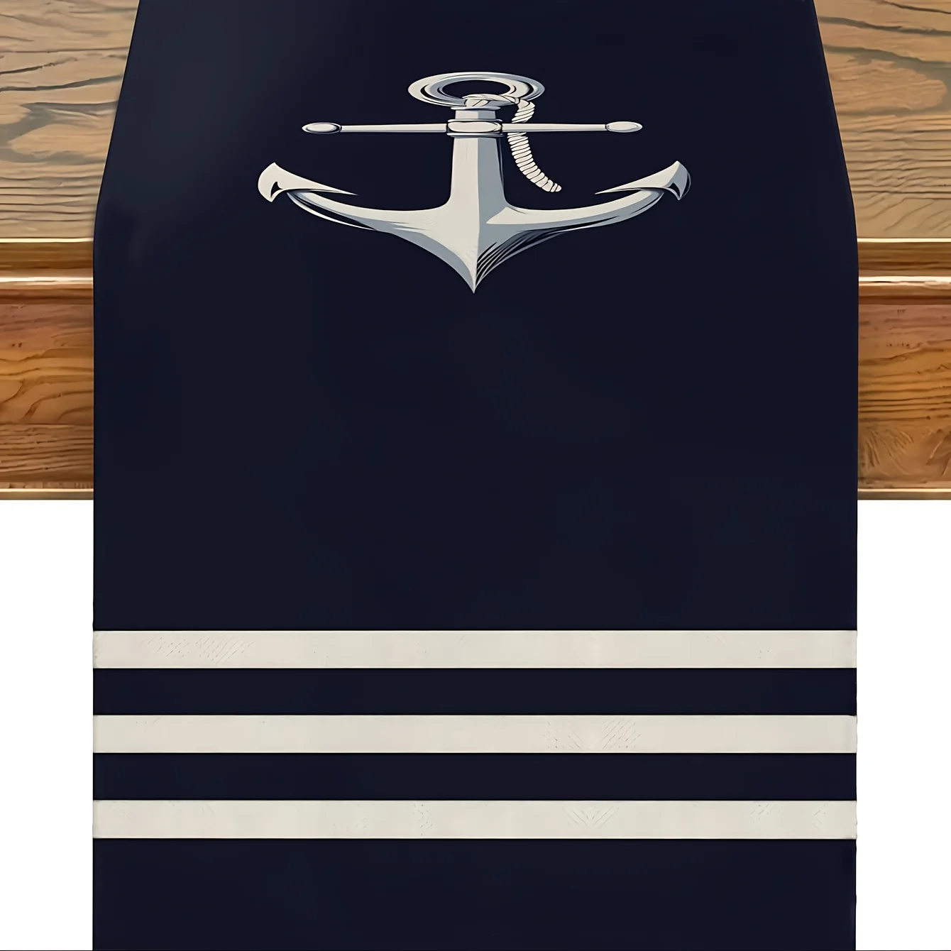 Nautical Anchor & Ship Table Runner - Navy Blue White Striped , Rectangular Maritime Wedding Party Outdoor Decor