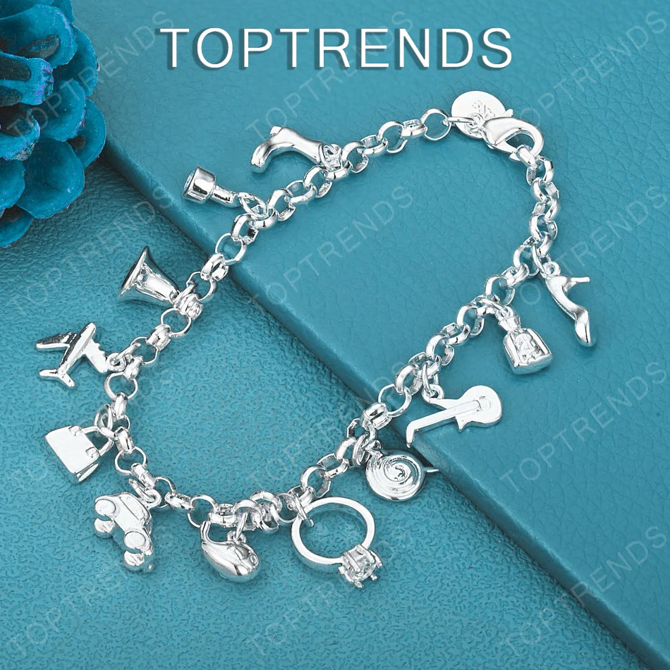 Fine 925 Sterling Silver Car Airplane Shoe Bag Bracelet Women Fashion Charm Jewelry Accessories Birthday Party Wedding Gift