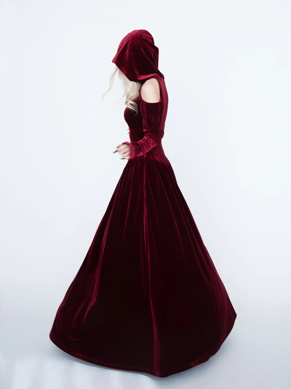 Gothic Style Dark Medieval Red Hooded Long Sleeve off-the-Shoulder Dress Halloween Cosplay Wear Women's Clothing