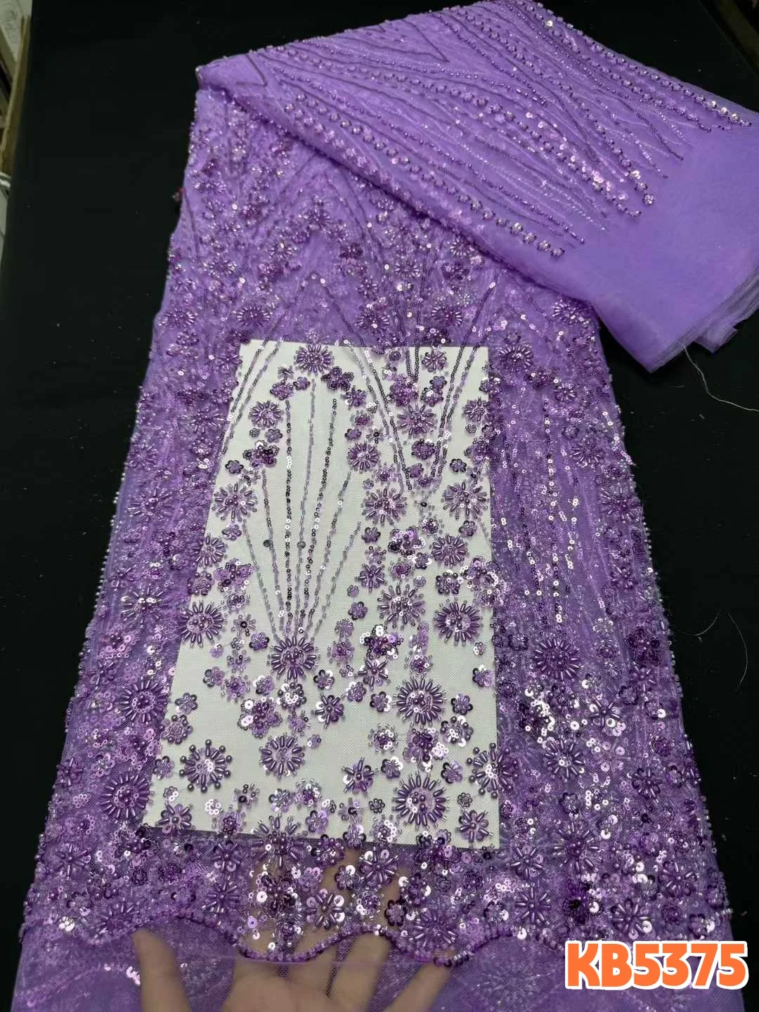 

Роскошная ткань из французского тюля с вышивкой бисером и пайетками цвета охры, фиолетово-сиреневое кружево для вечерних и свадебных платьев, модель KB5375 (2026)
