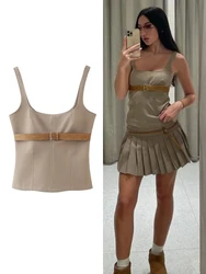 TRAFZA Slim Sexy Wide Camisole Vest Fashion Belt Leather Buckle Top Square Neck Sleeveless Vest Chic Casual High Street Women's