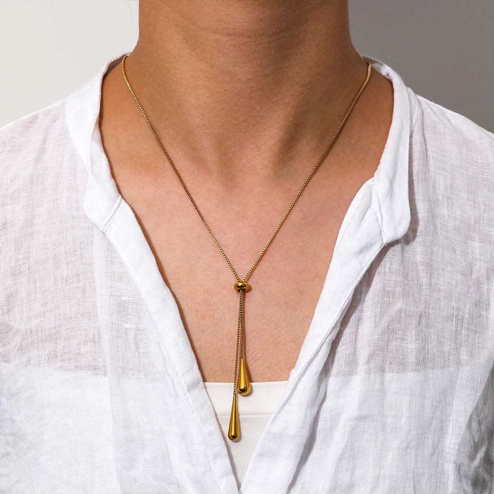 

Joolim Jewelry PVD Wholesale No Fade Simple Charm Teardrop Pendant Adjustable Sweater Chain Stainless Steel Necklace for Women