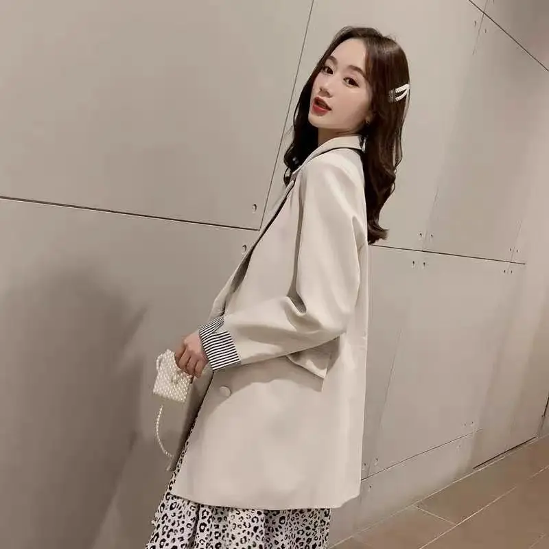 Business Casual Solid Blazers Loose Patchwork Striped Women's Clothing 2022 Pockets Button Spring Summer Autumn Thin Notched