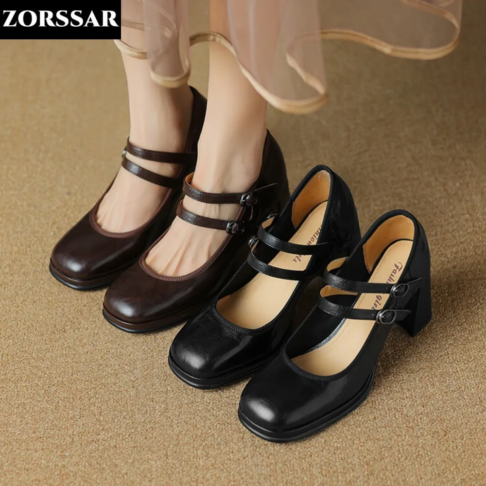 

High Quality Women's Pumps Double Buckle Mary Janes Shoes Square Toe High Heels Dress Shoes Patchwork Zapatillas Mujer Tacon