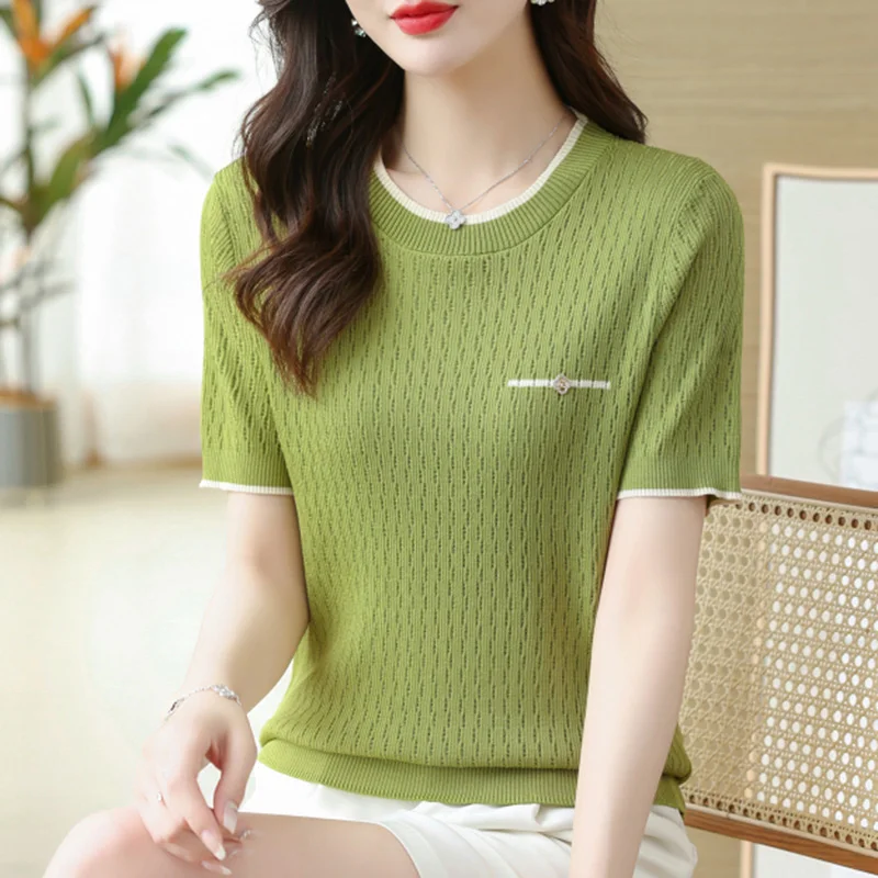 

shintimes Summer New Short Sleeve Women T Shirt O Neck Slim Solid Knitted Tops Casual Clothes Pullovers Thin Tee Shirt Femme