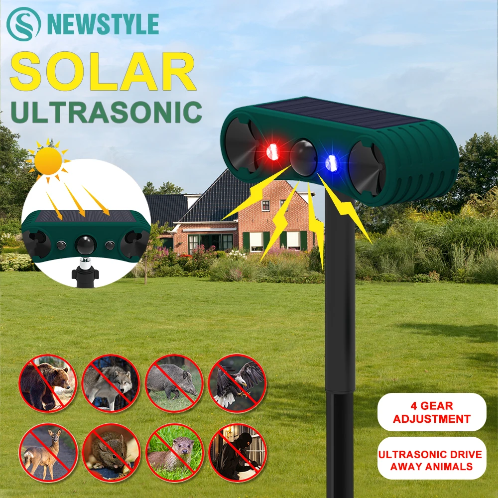 Solar Powered Ultrasonic Animal Repeller Motion Sensor and Flashing Light for Anti Theft Farm Garden Lawn for Outdoor Pest