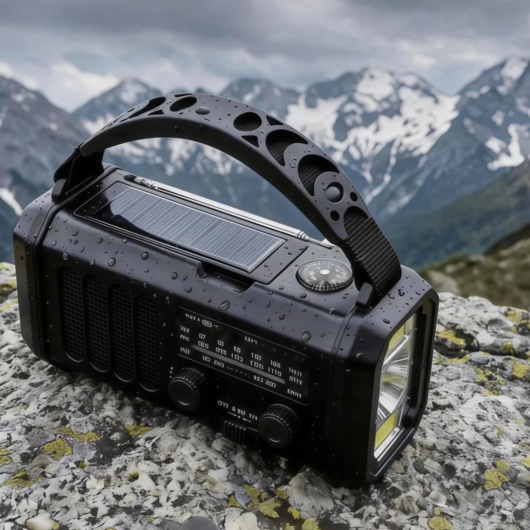 Option de couleur verte ou noire disponible Radio d'urgence à manivelle avec lampe torche LED, lumière solaire, USB, alarme SOS pour la survie en extérieur