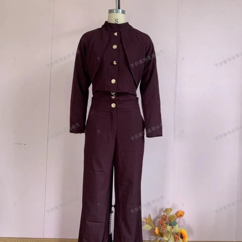 Casual Denim Pants Suits Women Slim Short Sleeves Stand Collar Waist-cinching Tops Wide-leg Trousers 2026 New Lady Spring Outfit