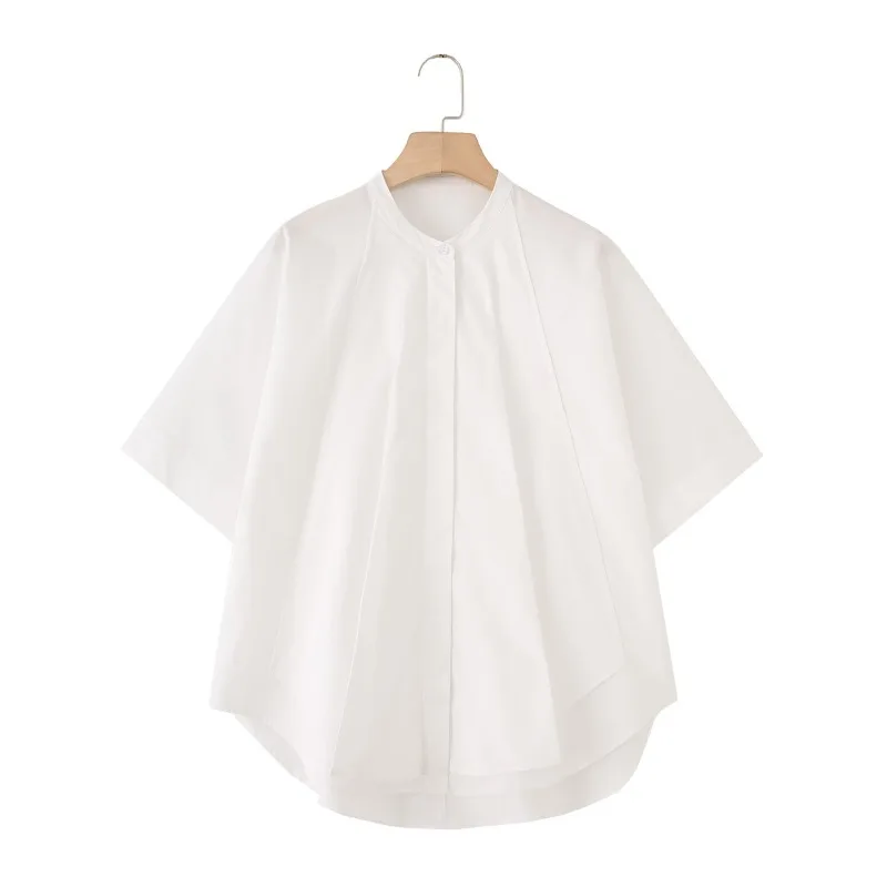 قميص نسائي مناسب مريح 2025 لربيع وصيف بلون سادة 100% قطن بياقة واقفة وأكمام قصيرة ملابس عمال عصرية أساسية